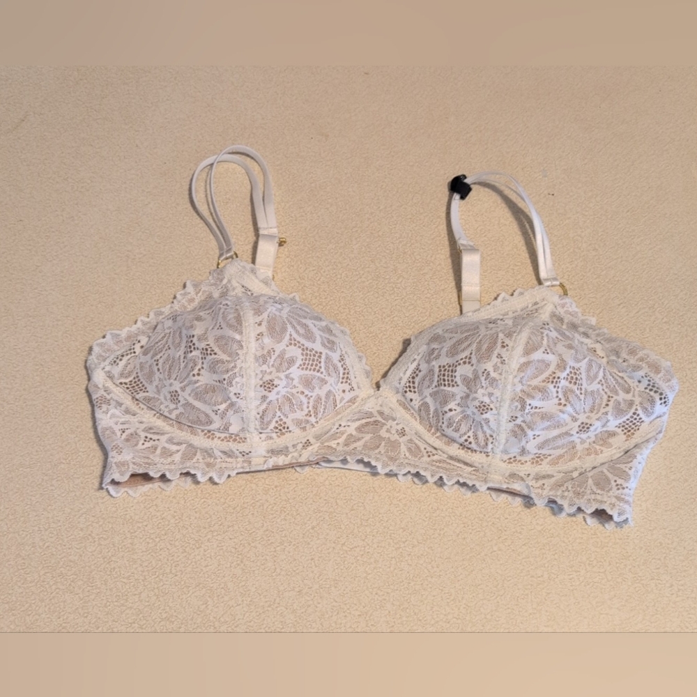 Aerie Real Happy White Wireless Full‎ Coverage T-Shirt Bra Floral Lace Size 36D